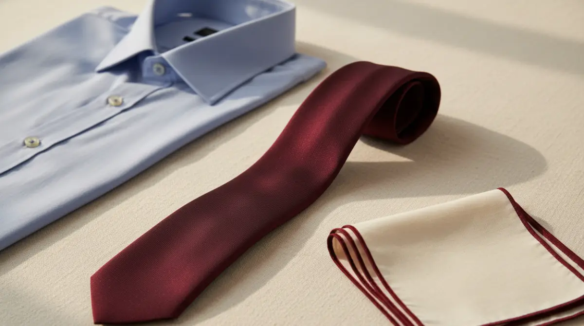 Menswear flatlay on a dark surface showing a light blue dress shirt, burgundy silk tie, and off-white pocket square with burgundy border