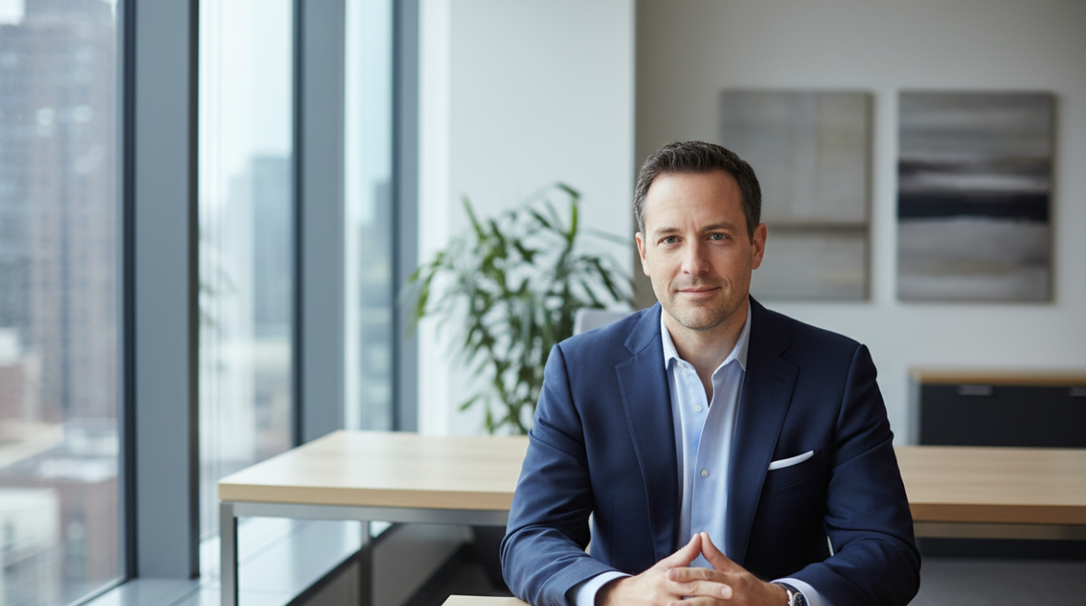  A man wearing a light blue dress shirt with a navy blazer at an office desk, projecting a calm and competent professional look 