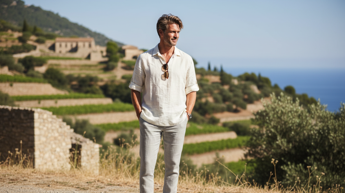  A man wearing a relaxed fit natural linen shirt outdoors in bright summer sunlight looking cool and comfortable 