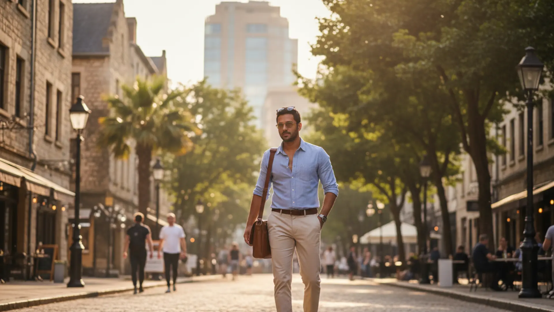  A man wearing an untucked casual linen shirt with chinos and clean sneakers in a relaxed outdoor urban setting