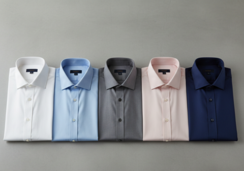 A flat lay of five office dress shirts in white, light blue, grey, pale pink, and navy arranged on a clean surface for a professional wardrobe guide
