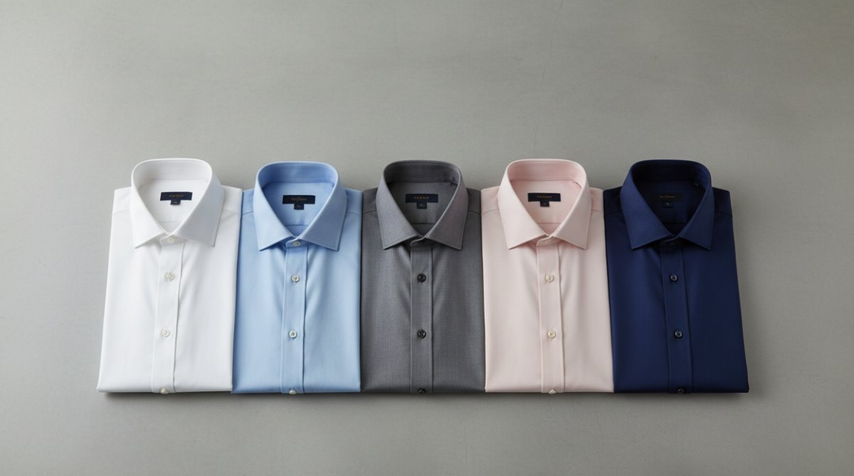 A flat lay of five office dress shirts in white, light blue, grey, pale pink, and navy arranged on a clean surface for a professional wardrobe guide