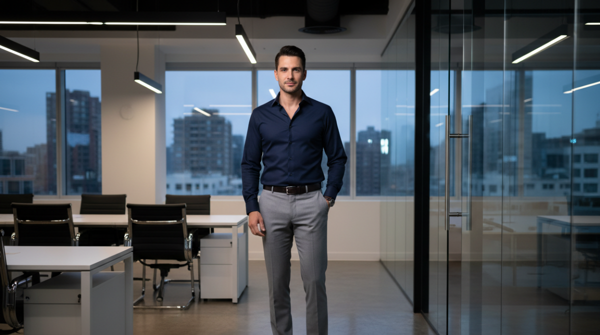 A professional man in a navy dress shirt and light grey trousers in a modern office, styled for sharp business casual dressing without a tie 