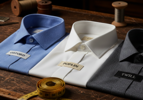Three shirt fabric swatches — Oxford, poplin, and twill — with label tags on a dark wooden tailor's table with a measuring tape