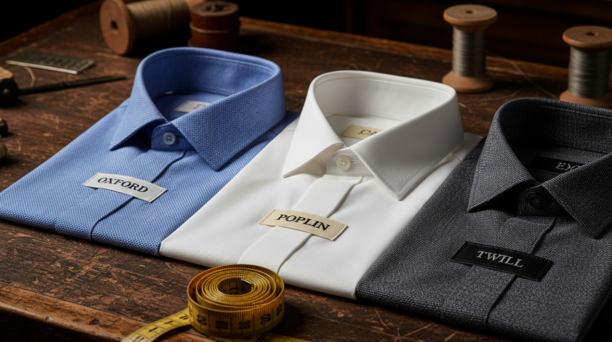 Three shirt fabric swatches — Oxford, poplin, and twill — with label tags on a dark wooden tailor's table with a measuring tape