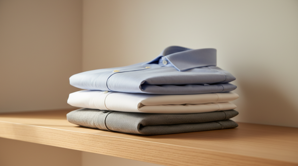 Oxford vs Poplin vs Twill Shirts: Best Fabric for Pakistan’s Weather (Complete Guide) 6 Three folded dress shirts in Oxford, poplin, and twill stacked on a shelf representing a capsule wardrobe rotation for Pakistan's climate
