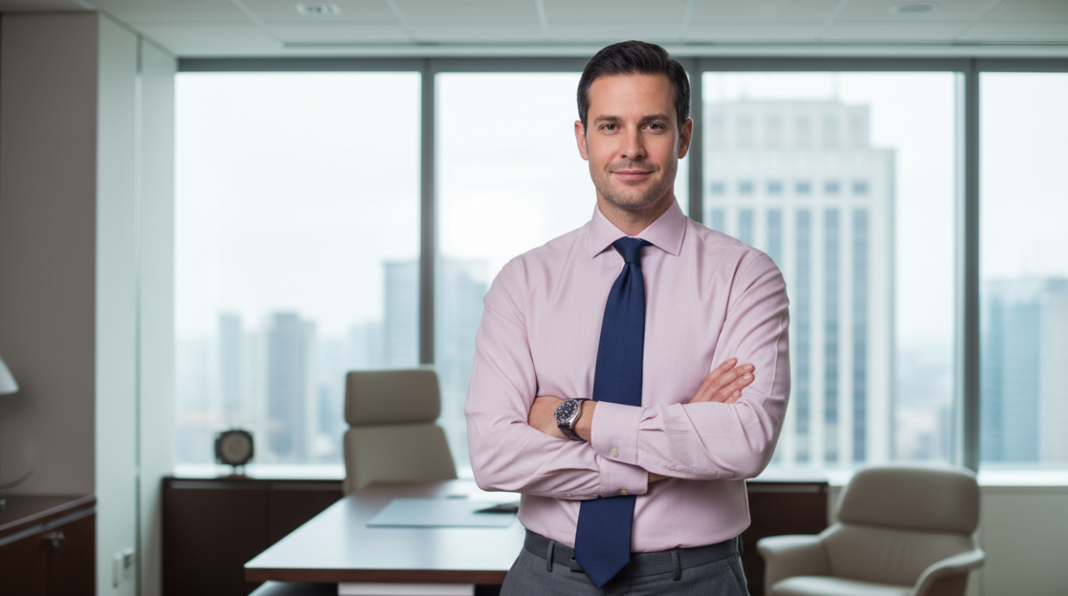  A man wearing a muted pale pink dress shirt with charcoal trousers and navy tie in a corporate office, conveying an executive and modern style