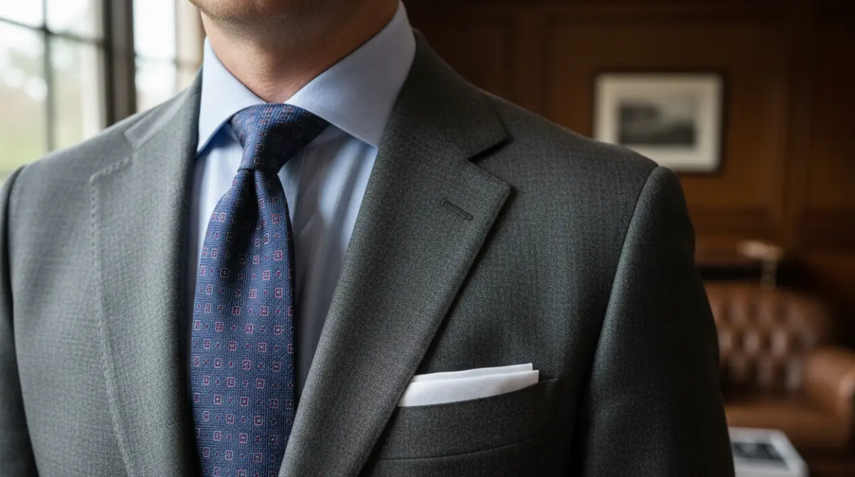 Close-up of a suit breast pocket with a white linen pocket square in a flat fold next to a navy tie with a subtle burgundy detail
