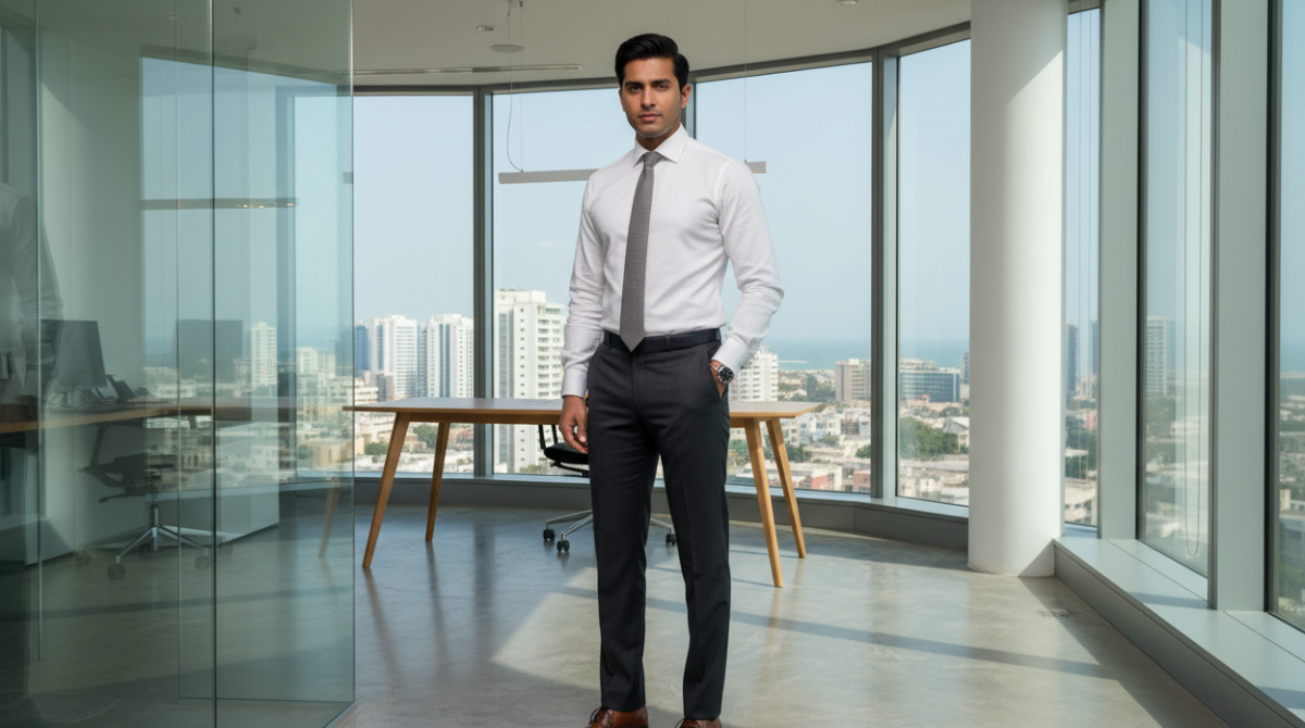Oxford vs Poplin vs Twill Shirts: Best Fabric for Pakistan’s Weather (Complete Guide) 4 South Asian man in a crisp white poplin dress shirt in a formal office setting in Pakistan