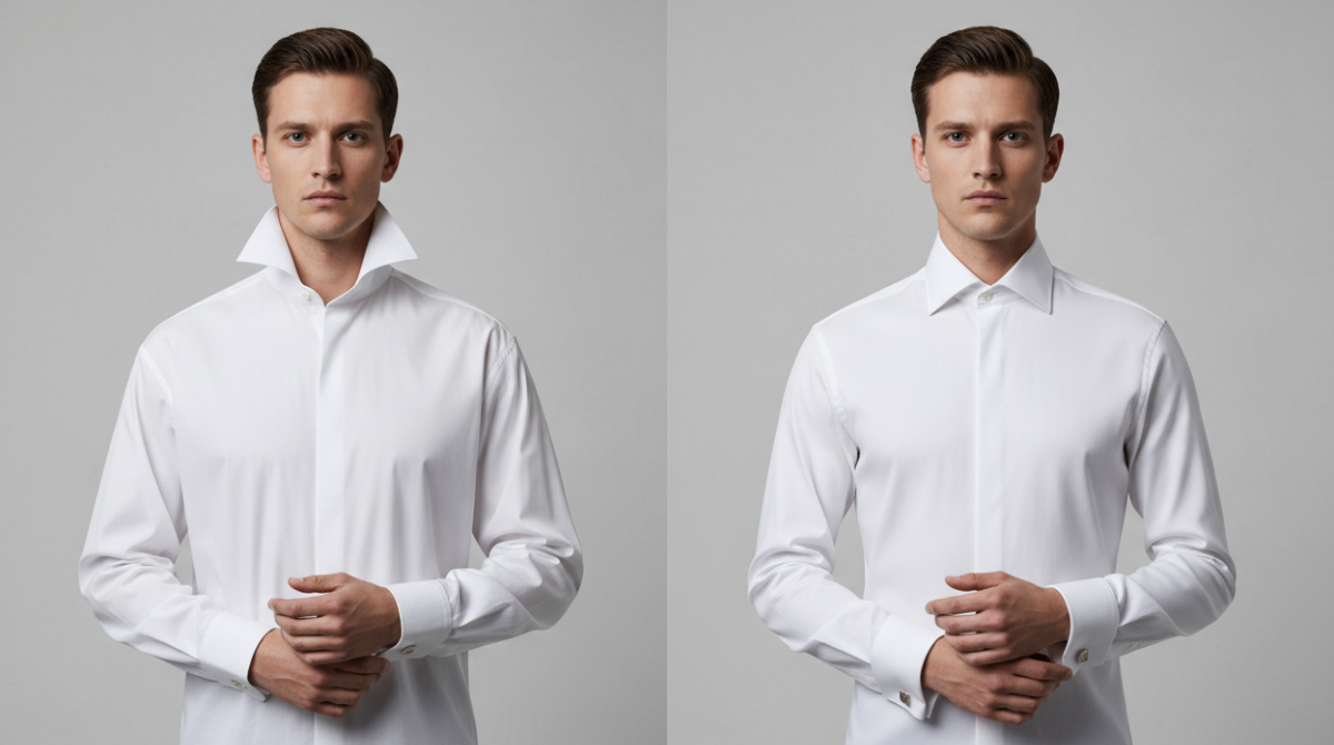 Why Every Man Needs a Tailored White Dress Shirt: Benefits, Fit & Styling Guide 2 Side by side comparison of a boxy ready-made white shirt versus a sharp tailored white dress shirt