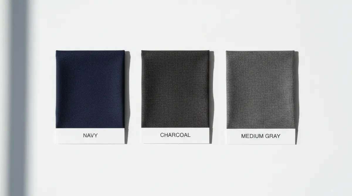 Flat lay of navy, charcoal, and medium gray suit fabric swatches arranged side by side for color comparison