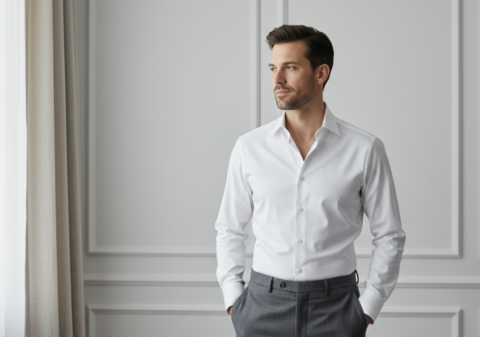 A perfectly tailored crisp white dress shirt in a minimal luxury editorial style