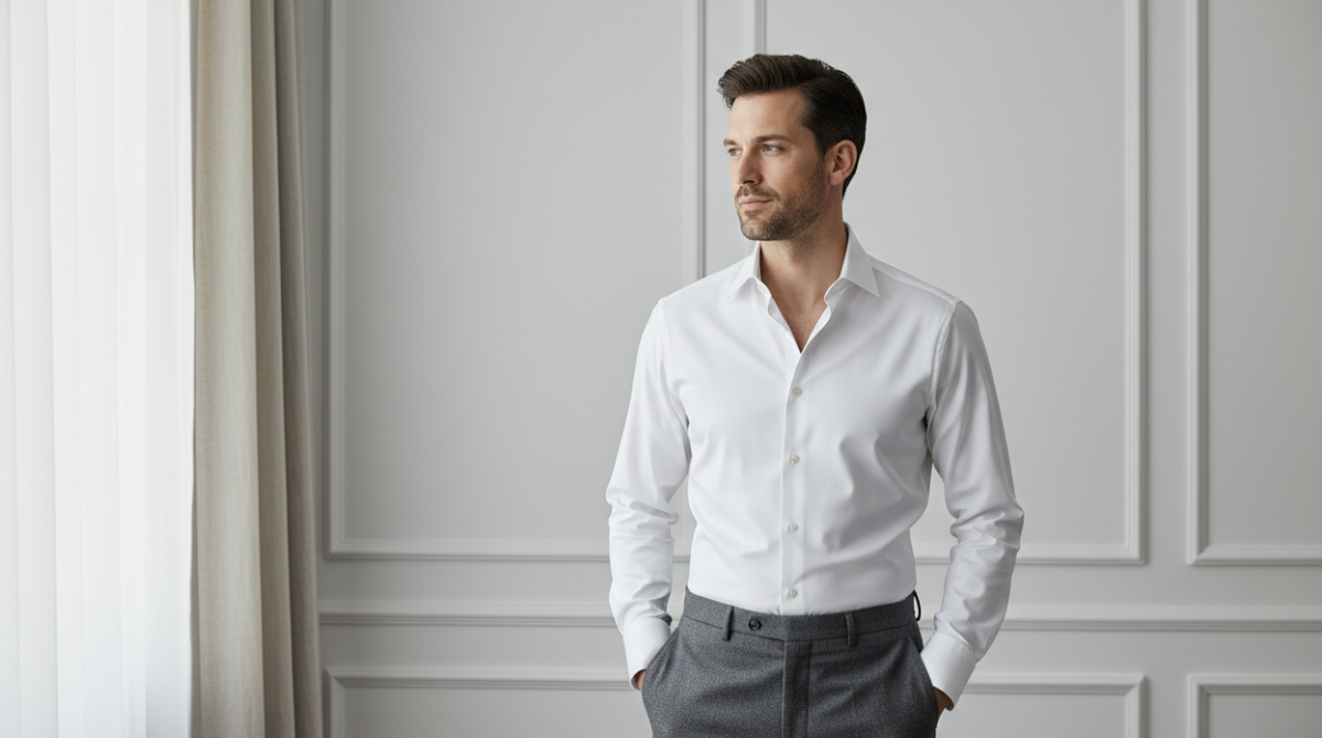 A perfectly tailored crisp white dress shirt in a minimal luxury editorial style