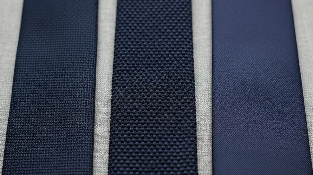 Close-up flat lay of three tie textures — grenadine weave, knit, and smooth silk — in navy tones on gray suit fabric
