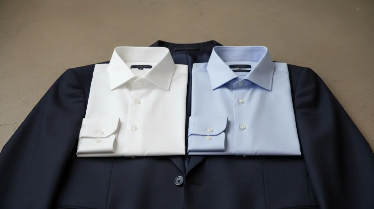 White and light blue dress shirts placed side by side on a navy suit jacket showing contrast levels for formal styling