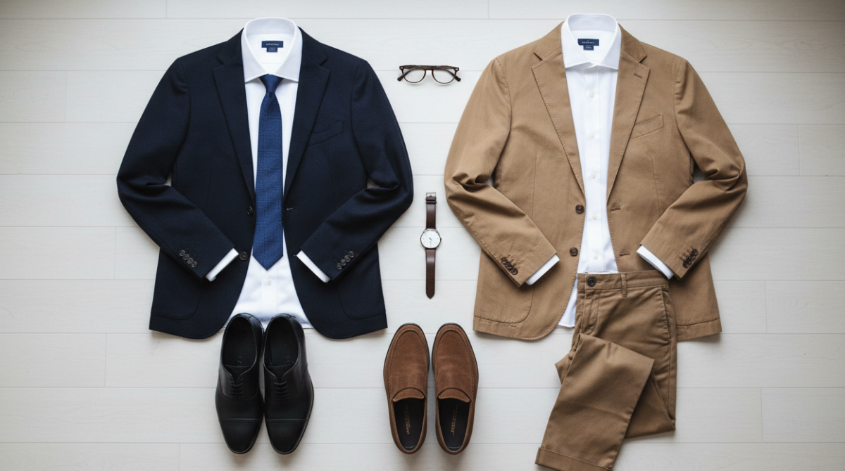 Why Every Man Needs a Tailored White Dress Shirt: Benefits, Fit & Styling Guide 4 Flat lay of two outfits featuring a tailored white dress shirt — formal with a navy blazer and tie on the left, smart casual with tan chinos and loafers on the right