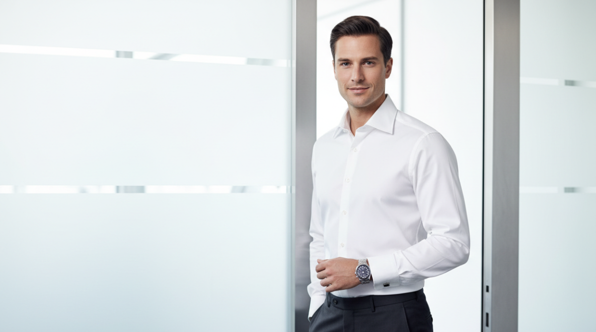 A crisp white dress shirt styled for a formal office setting, showing clean collar and structured fabric