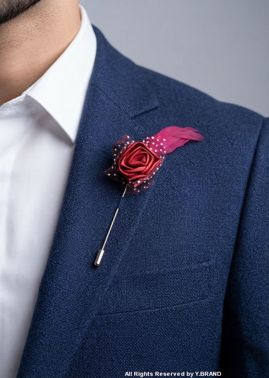 LP-050a Red & Silver Lapel Pin Luxury Floral Feather - LP-050 - Image 1