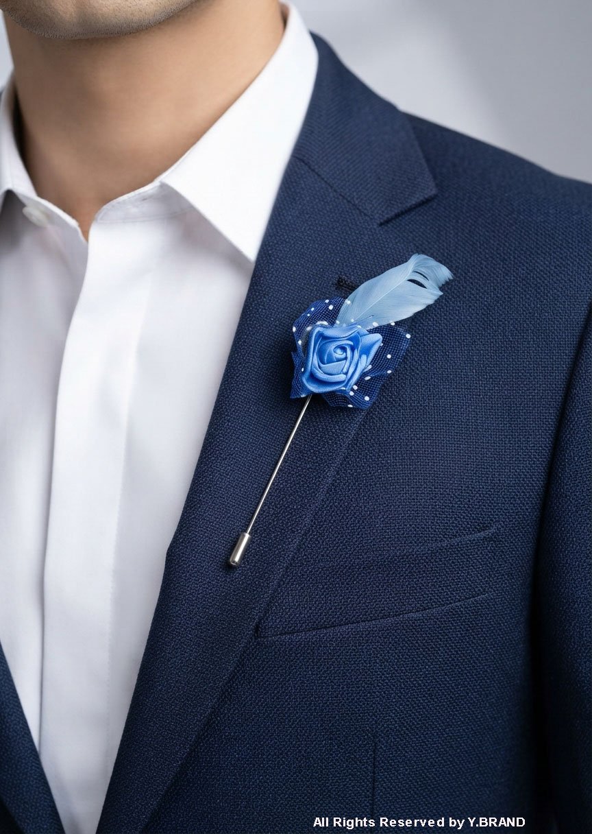 LP-051a Blue & Silver Lapel Pin Luxury Floral Feather - LP-051 - Image 1