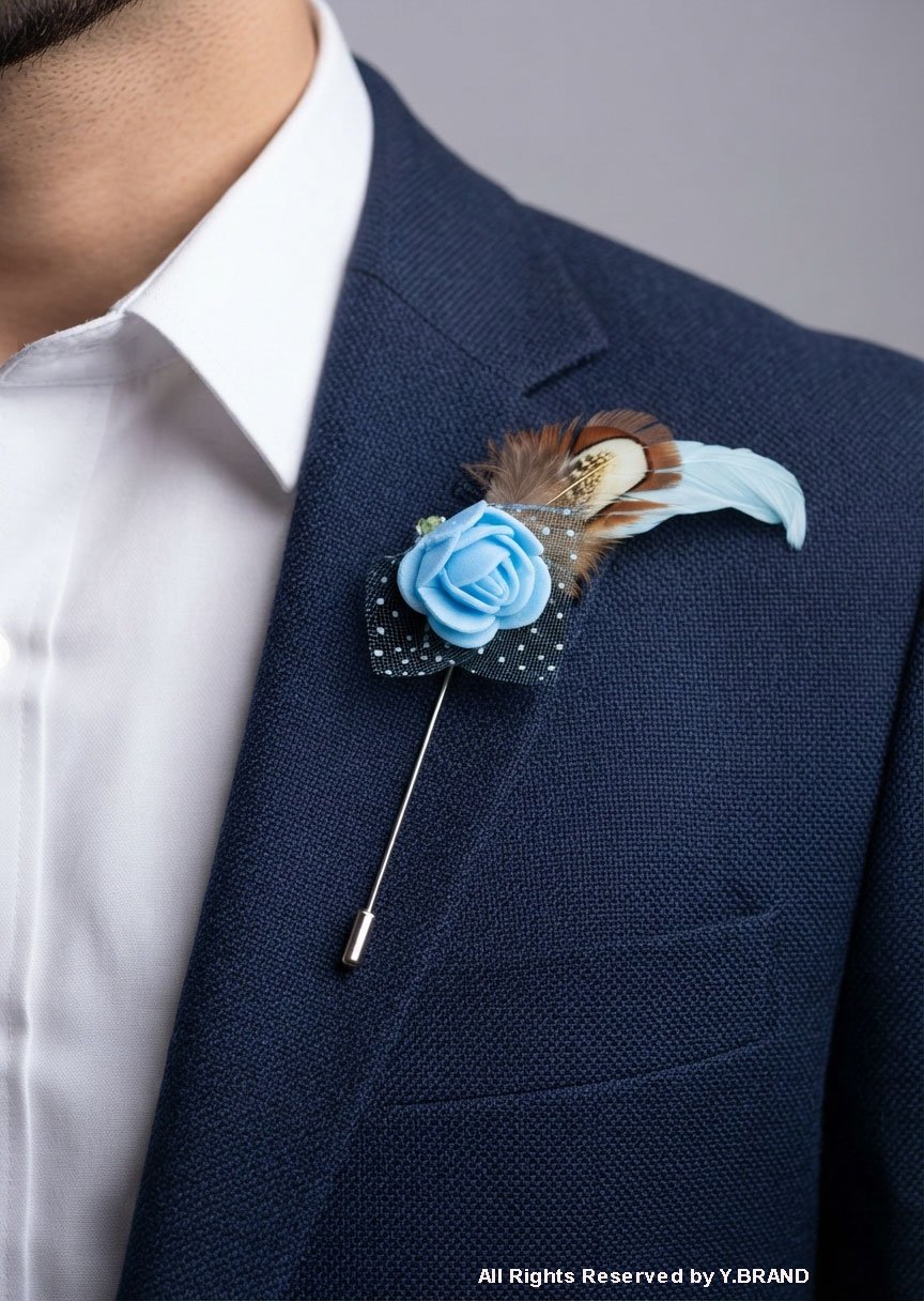 LP-053a Light Blue & Multicolor Lapel Pin Luxury Floral Feather - LP-053 - Image 1