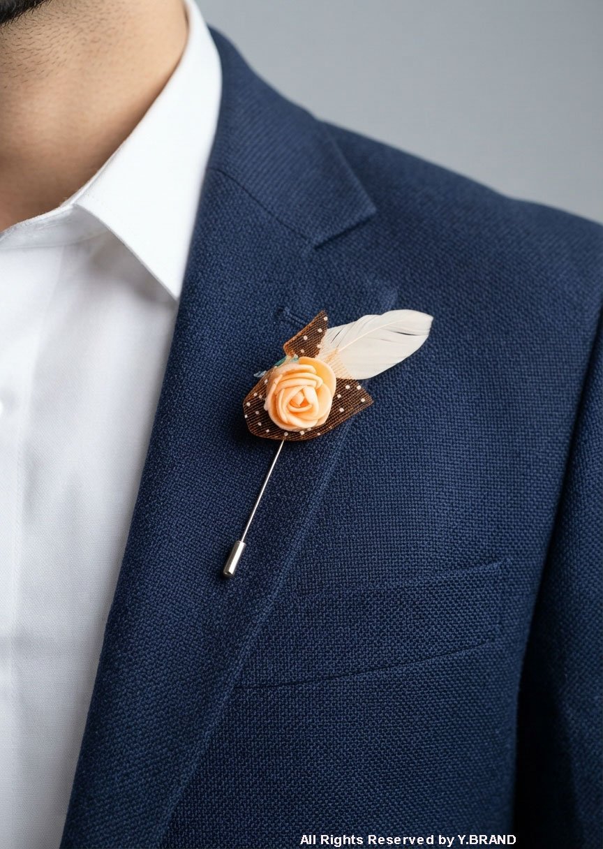 LP-054a Peach & Gold Lapel Pin Luxury Floral Feather - LP-054 - Image 1