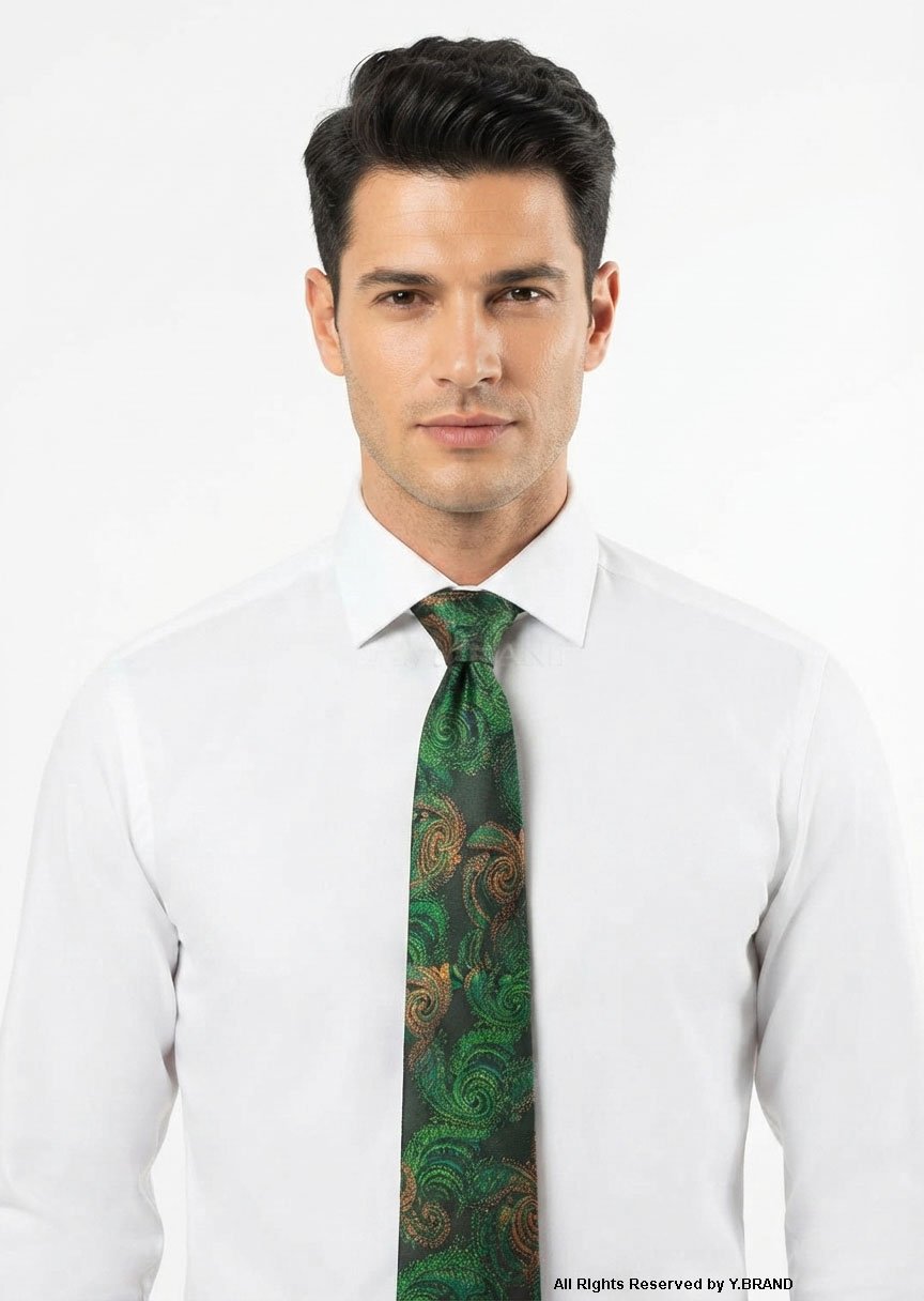 T-191b Green & Gold Silk Tie Paisley - T-191 - Image 1
