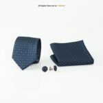Navy Blue Patterned Tie Set: Silk Necktie, Pocket Square & Cufflinks TS-1070 - Image 2