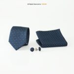 Navy Blue Patterned Tie Set: Silk Necktie, Pocket Square & Cufflinks TS-1070