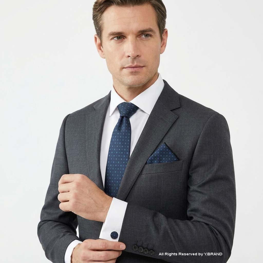 TS-1070d Navy Blue Patterned Tie Set: Silk Necktie, Pocket Square & Cufflinks TS-1070 - Image 1