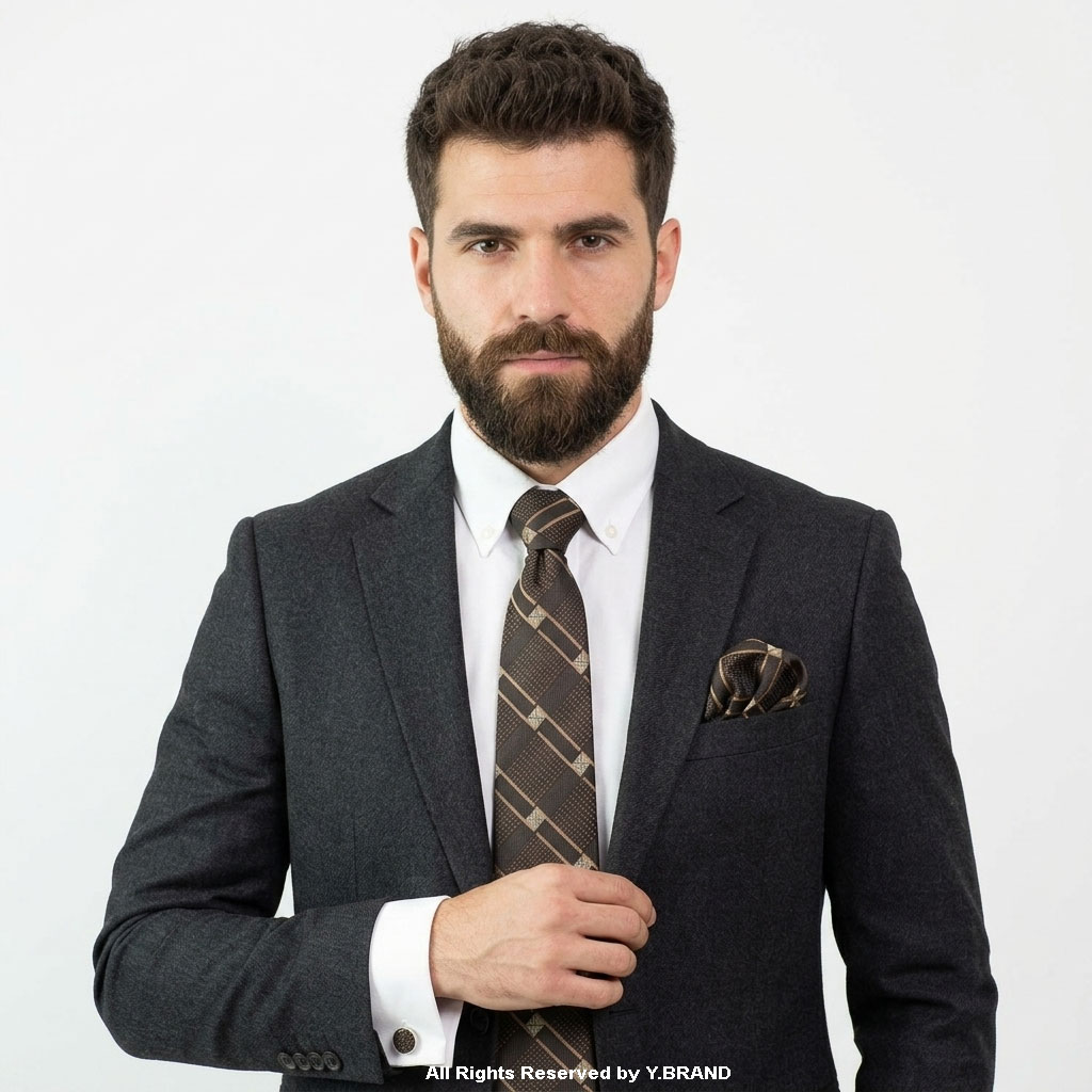 TS-1074e Chocolate Brown Plaid Tie Gift Set: Necktie, Pocket Square & Cufflinks TS-1074 - Image 1
