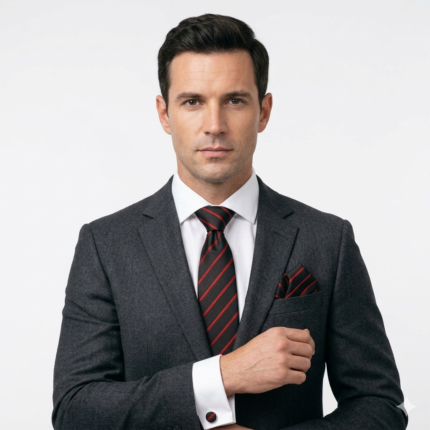 Black & Red Striped Tie Gift Set: Necktie, Pocket Square & Cufflinks TS-1075