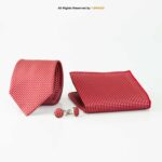 Crimson Red Micro-Pattern Tie Gift Set – 3pc Premium Silk Necktie, Pocket Square & Cufflinks TS-1079