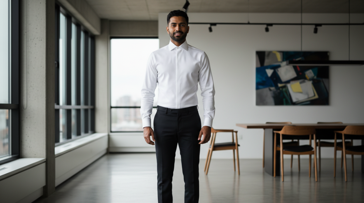 A South Asian man wearing a perfectly fitted white custom dress shirt in a formal office setting