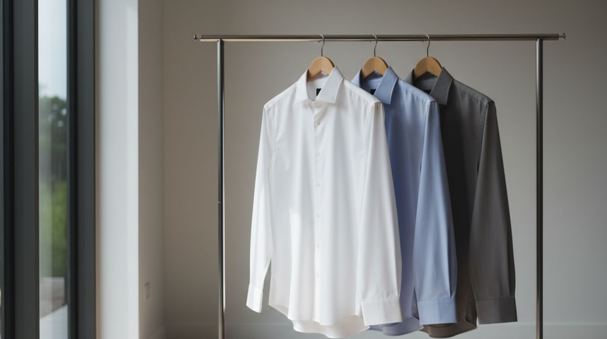 Three crisp men's dress shirts hanging on wooden hangers on an indoor clothing rack near a bright window with seams aligned and fabric smoothed