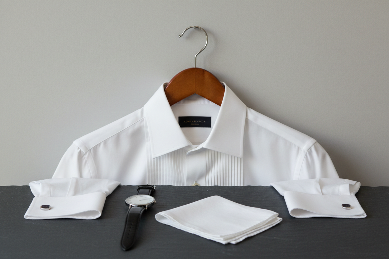 Pressed white tuxedo shirt on a wide wooden hanger with a white linen pocket square and thin dress watch below