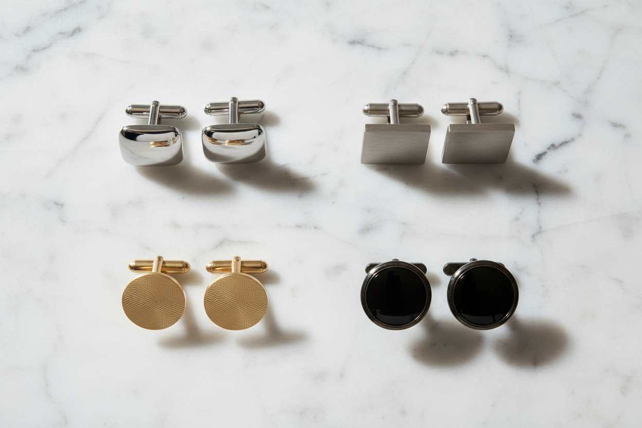 cufflink metals finishes comparison flat lay