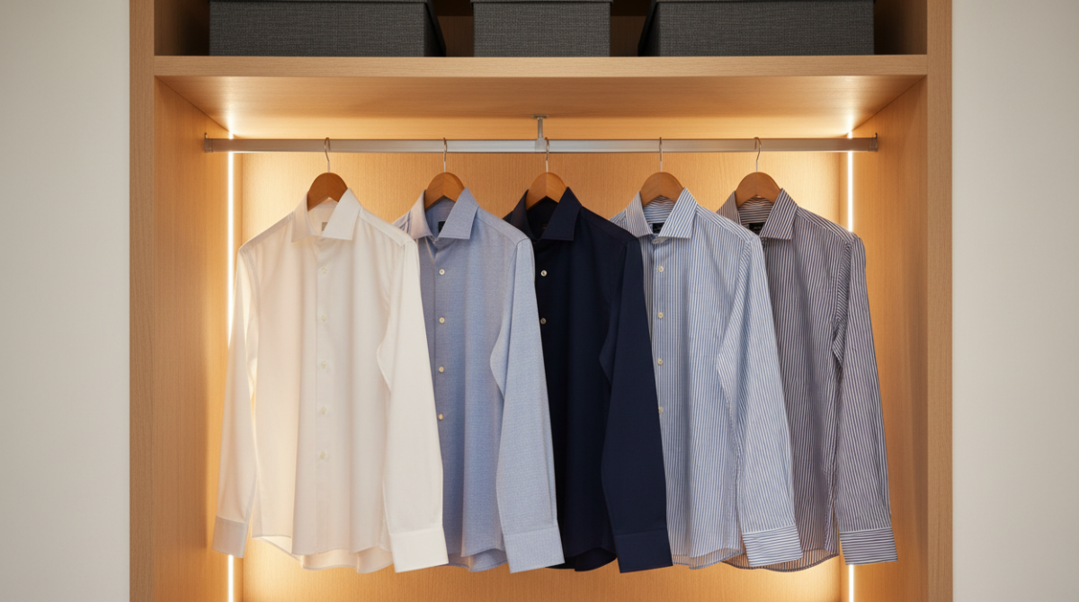 How to Create a Signature Look with Custom Men’s Shirts? a Guide to Personal Style 6 A minimal open wardrobe showing five custom men's dress shirts on wooden hangers in white, light blue, grey, navy and a subtle stripe