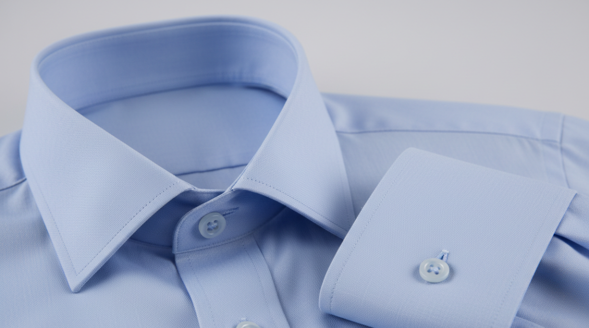 How to Create a Signature Look with Custom Men’s Shirts? a Guide to Personal Style 5 Close-up of a custom men's dress shirt showing a spread collar with clean interlining and barrel cuffs with precise stitching