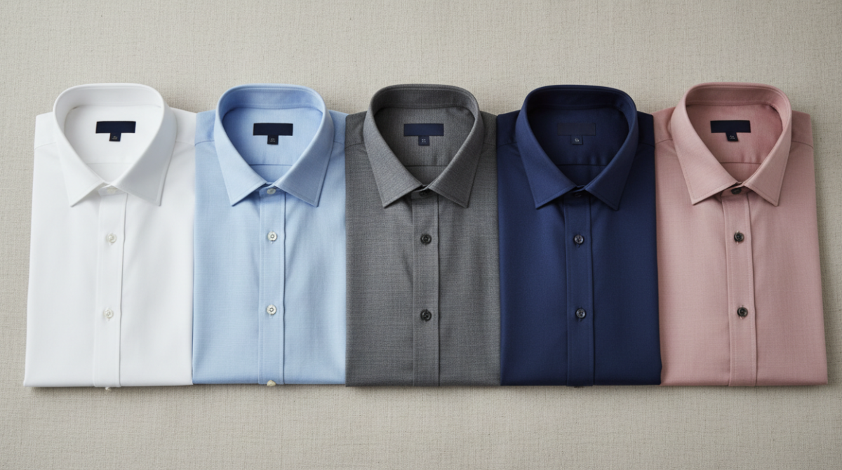 How to Create a Signature Look with Custom Men’s Shirts? a Guide to Personal Style 4 Flat lay of custom men's shirts in a curated color palette including white, light blue, soft grey, navy and muted pink