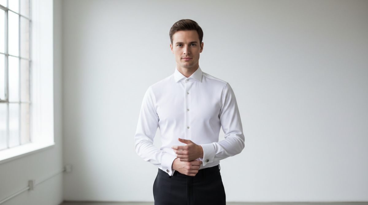 How to Create a Signature Look with Custom Men’s Shirts? a Guide to Personal Style 2 A man wearing a perfectly fitted custom dress shirt showing correct shoulder seam placement, chest ease and sleeve balance