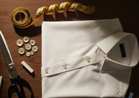Top-down flat lay of a pressed custom dress shirt with measuring tape, scissors, pearl buttons, and chalk on a dark wooden surface