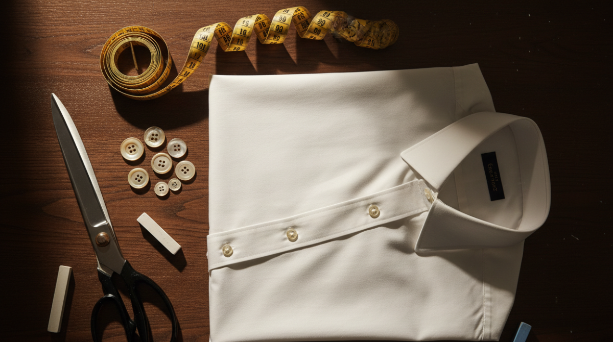 Top-down flat lay of a pressed custom dress shirt with measuring tape, scissors, pearl buttons, and chalk on a dark wooden surface