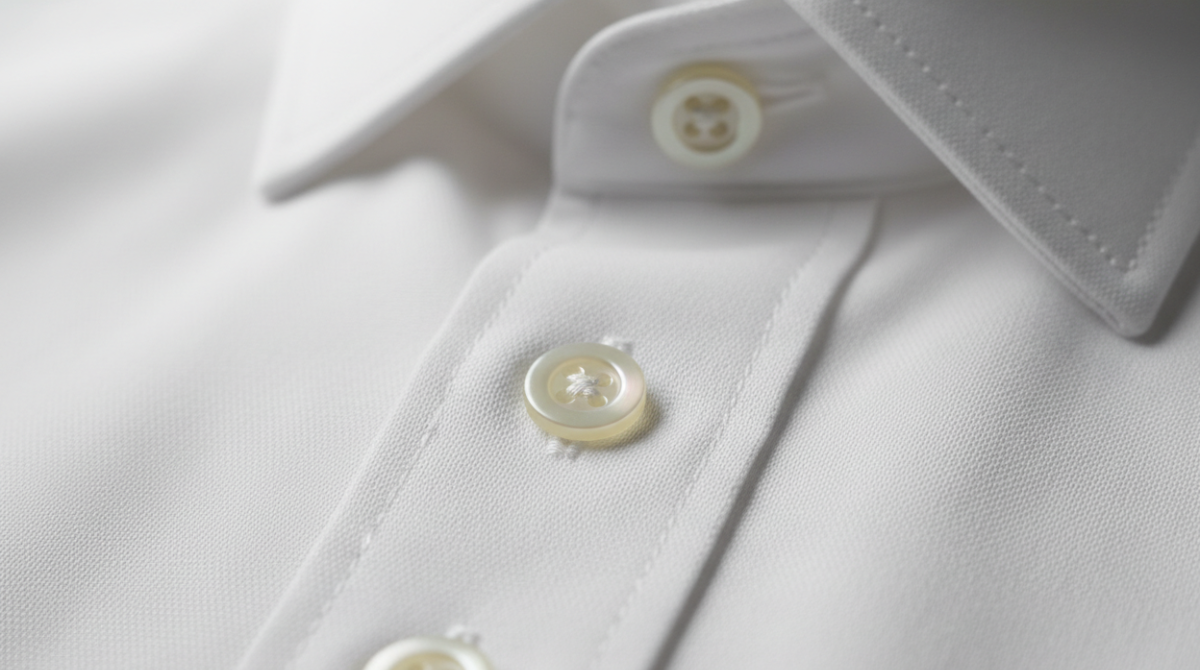Close-up macro shot of a dress shirt collar stand, placket stitching, and pearl buttons showing construction quality