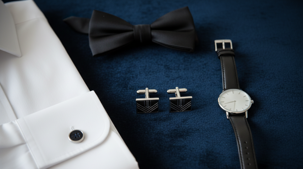 Flat lay of silver cufflinks, white French cuff dress shirt, black bow tie, and silver watch on navy velvet surface