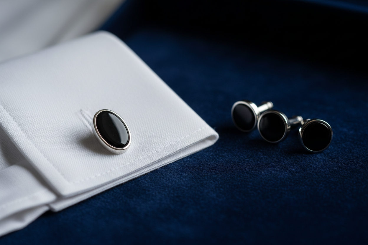 Close-up of a tuxedo shirt French cuff with silver and onyx cufflink beside a matching stud set on dark velvet 