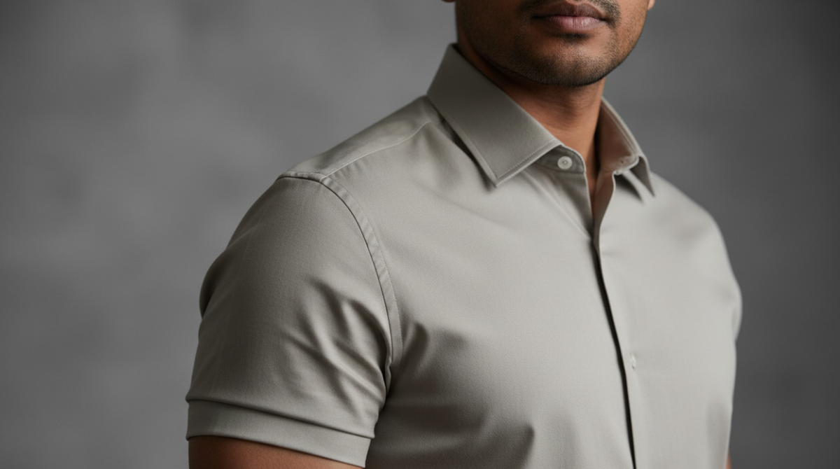 Close-up of a well-fitted men's casual shirt showing correct shoulder seam placement and clean chest drape