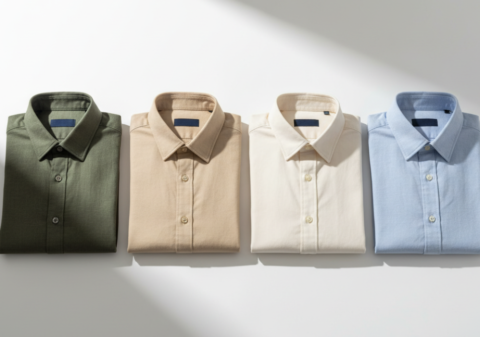 Flat lay of men's casual shirts in earth tones including olive, sand, off-white and light blue on a white surface