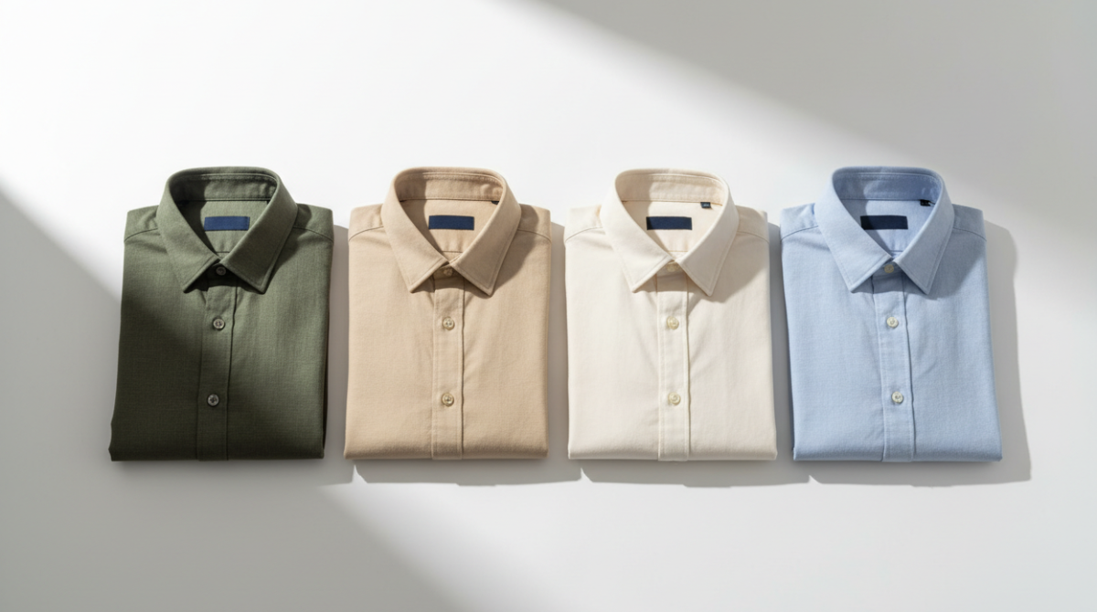 Flat lay of men's casual shirts in earth tones including olive, sand, off-white and light blue on a white surface