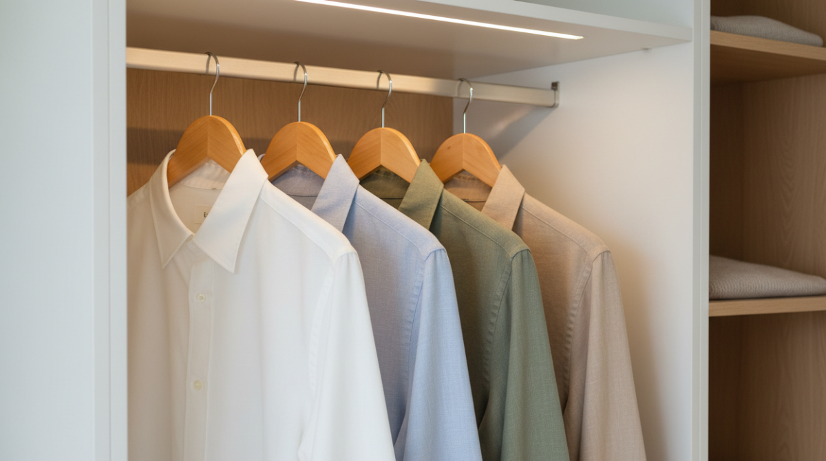 Men's casual shirts in neutral colors neatly hung on wide wooden hangers inside a clean minimal wardrobe
