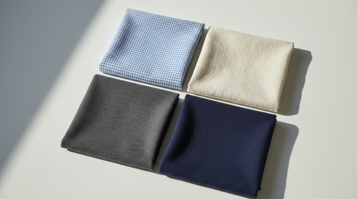 How to Create a Signature Look with Custom Men’s Shirts? a Guide to Personal Style 3 Flat lay of men's dress shirt fabric swatches including poplin, oxford, twill, linen and brushed cotton arranged on a white surface